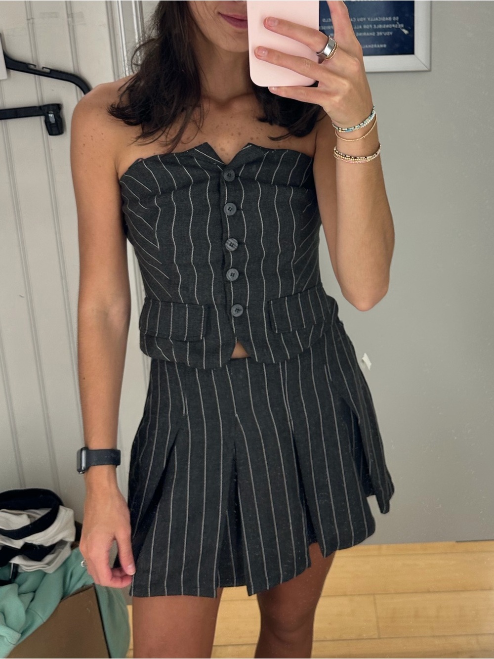 Charcoal Pinstripe Strapless Corset Top & Pleated Mini Skirt